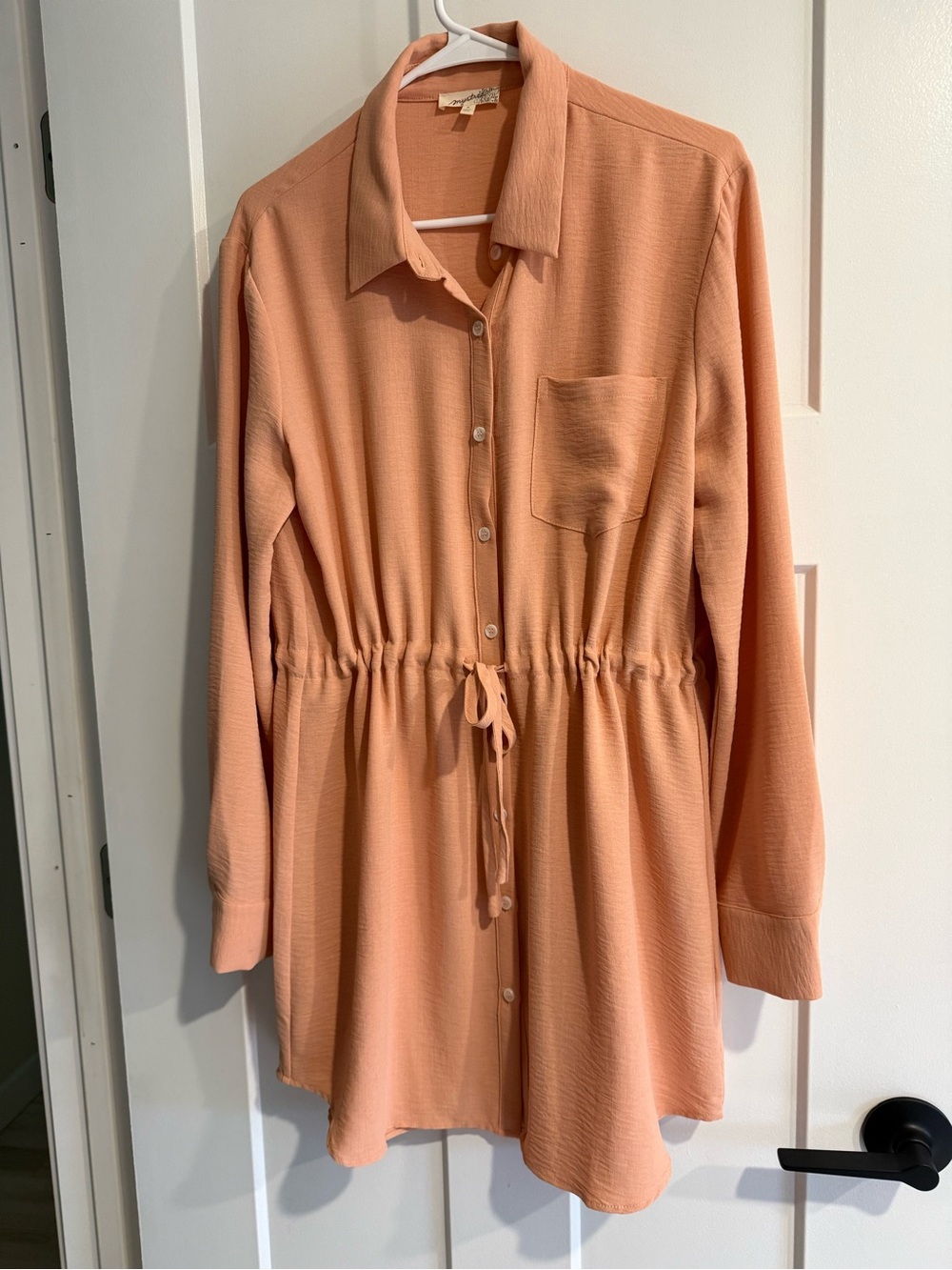 Button-Front Drawstring Shirt Dress — Peach